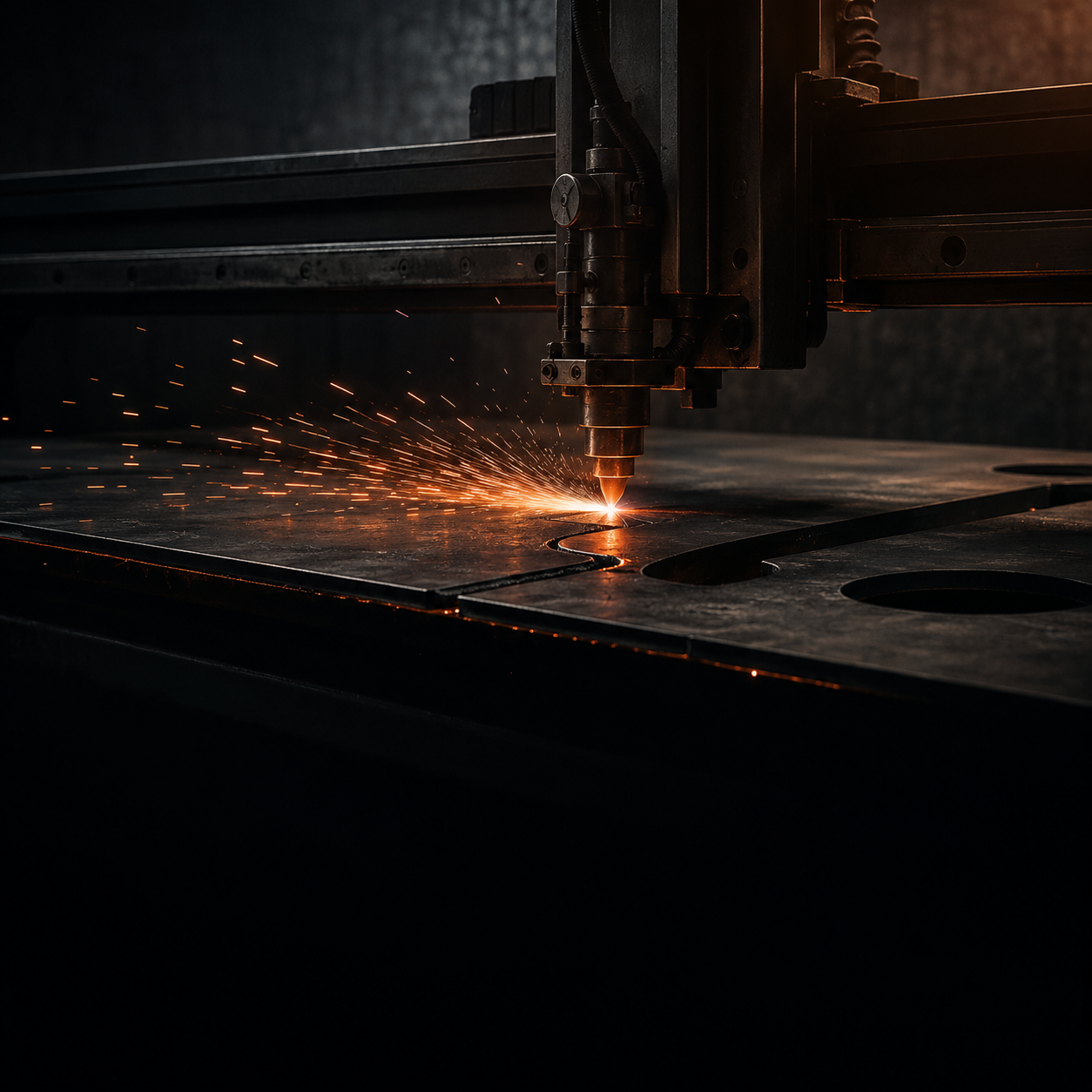 CNC plasma cutter mid-cut on steel sheet