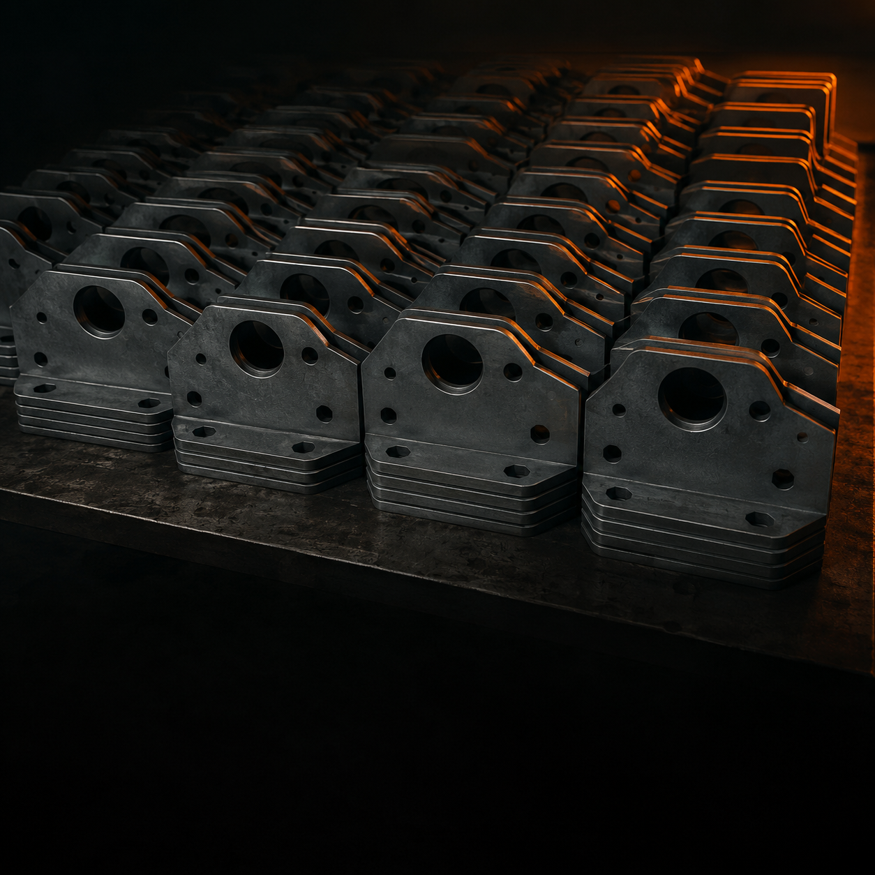Stacked identical CNC-cut steel production parts