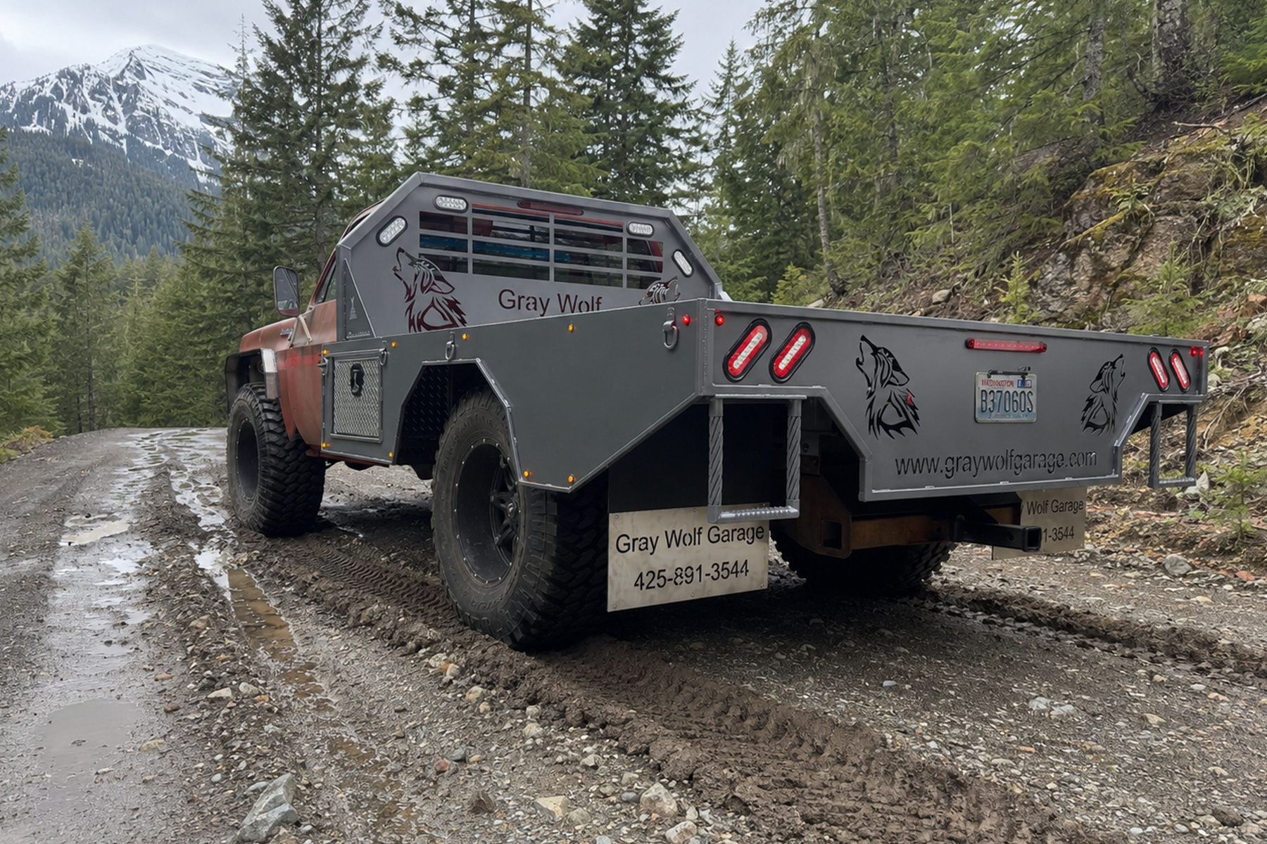 Custom CNC Flatbed — rear three-quarter view