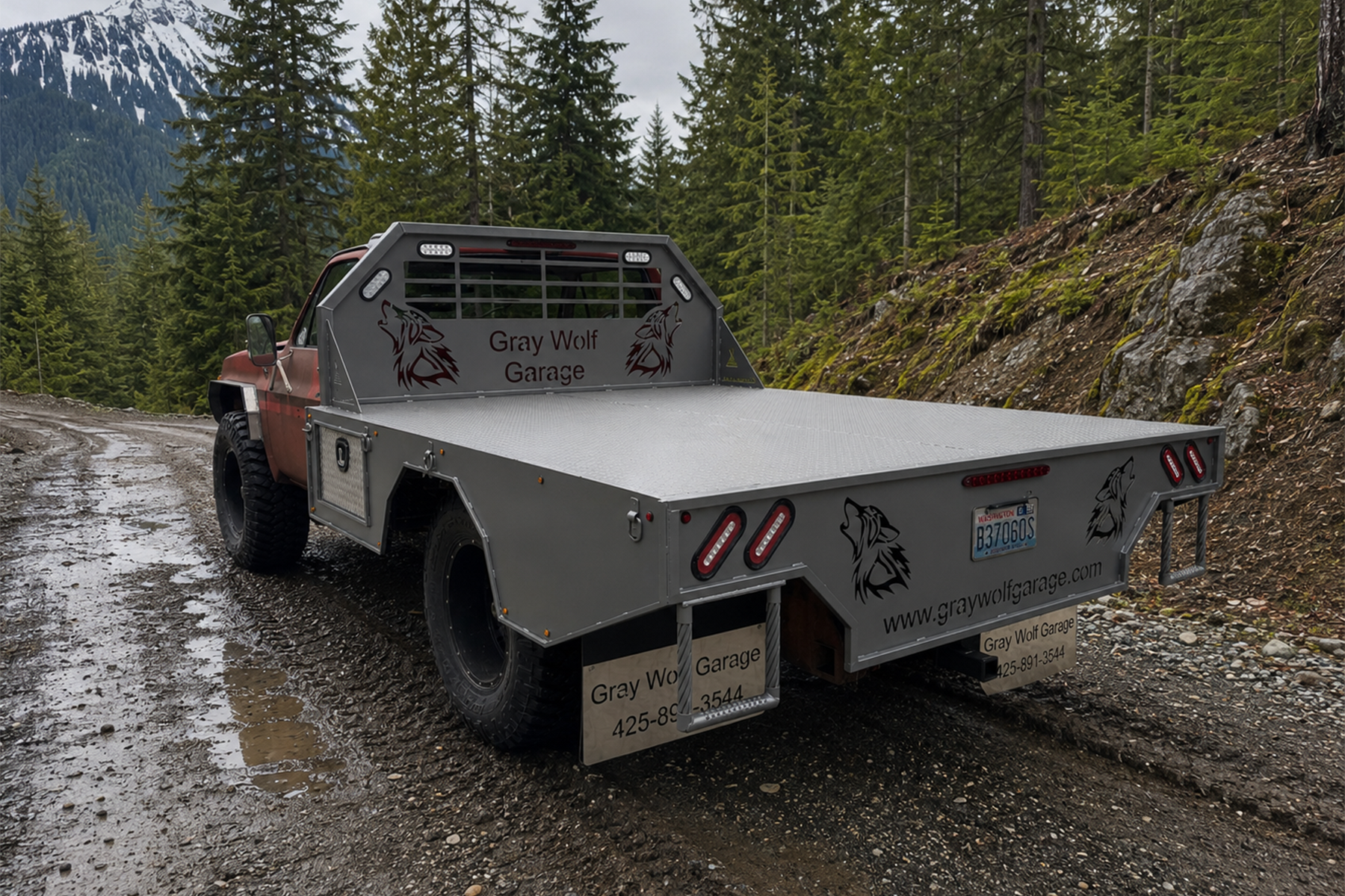 Custom CNC Flatbed — three-quarter view with mountains