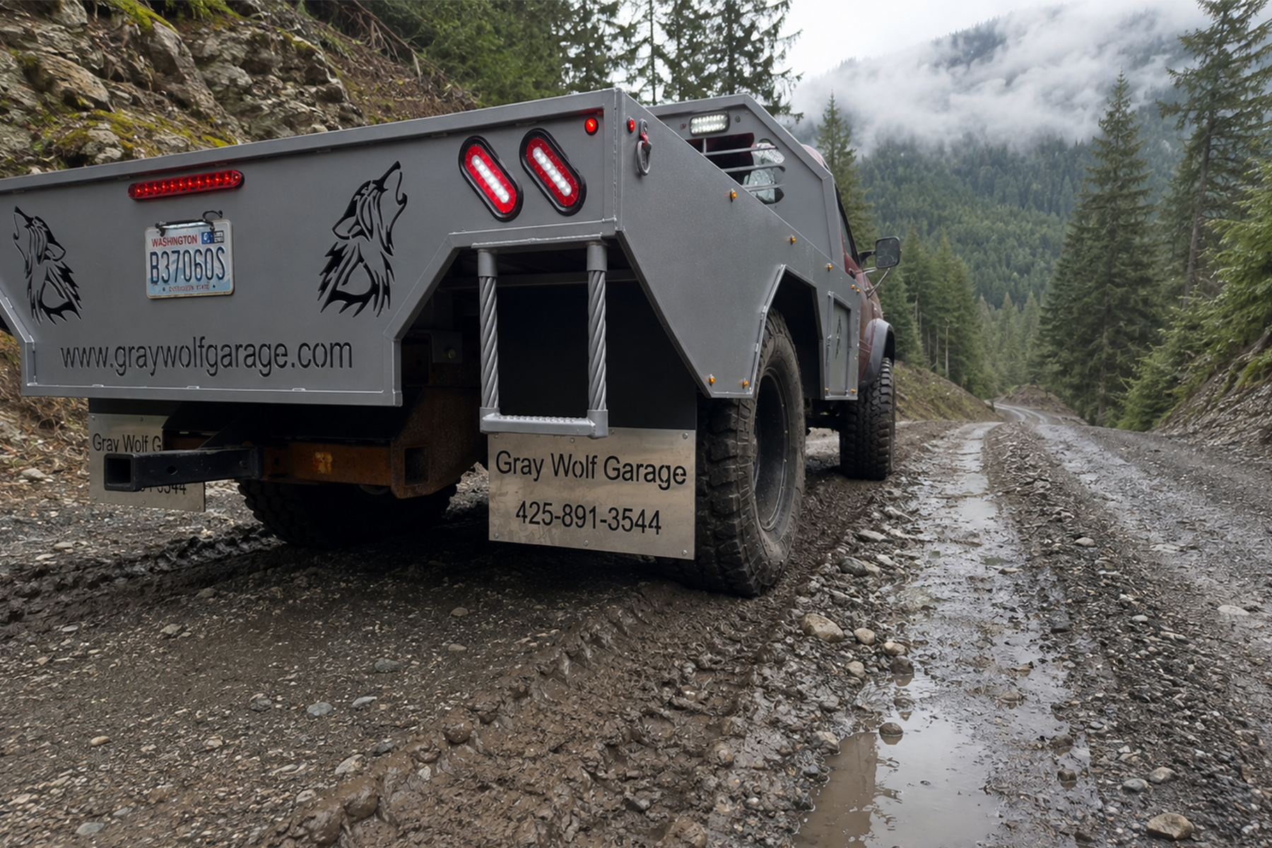 Custom CNC Flatbed — detail view of toolbox and fenders
