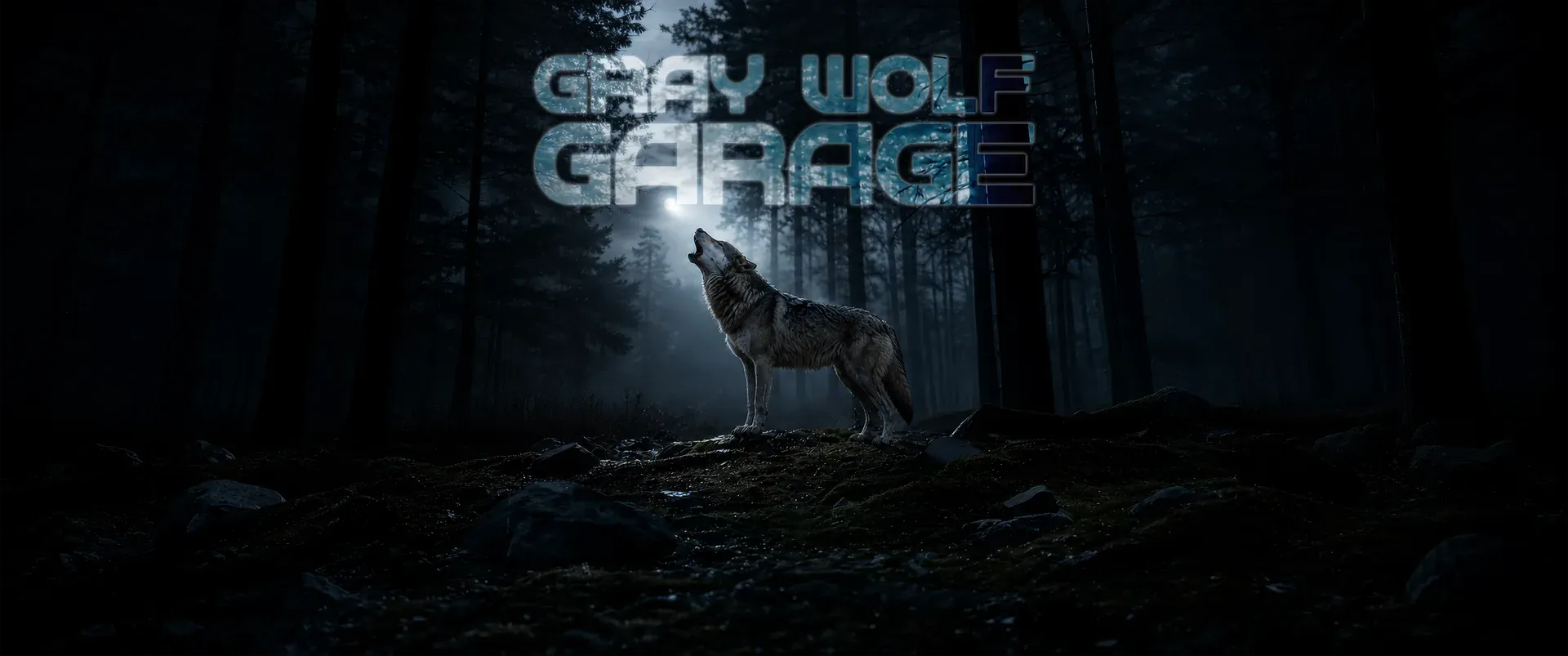 Gray Wolf Garage — wolf howling at the moon in a misty forest